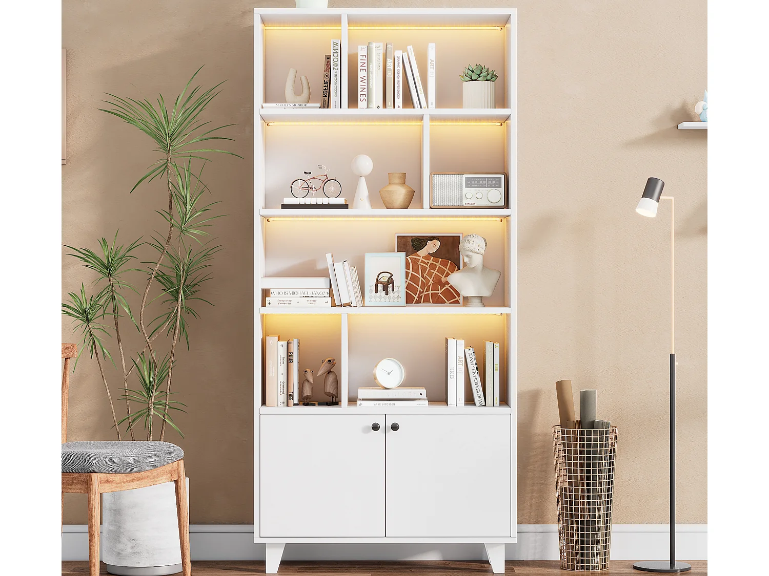 biblioteczka 80×30×173 cm – oświetlenie LED ze zmianą kolorów – 2 drzwi – przegródki przechowawcze – biały 4303047