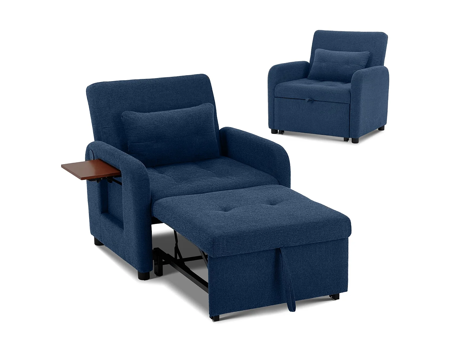 Ciemnoniebieska rozkładana sofa – wielofunkcyjna tkanina, rozkładane siedzisko/pozycja wypoczynkowa, port USB, składany stolik, poduszka, regulowane oparcie 4957958