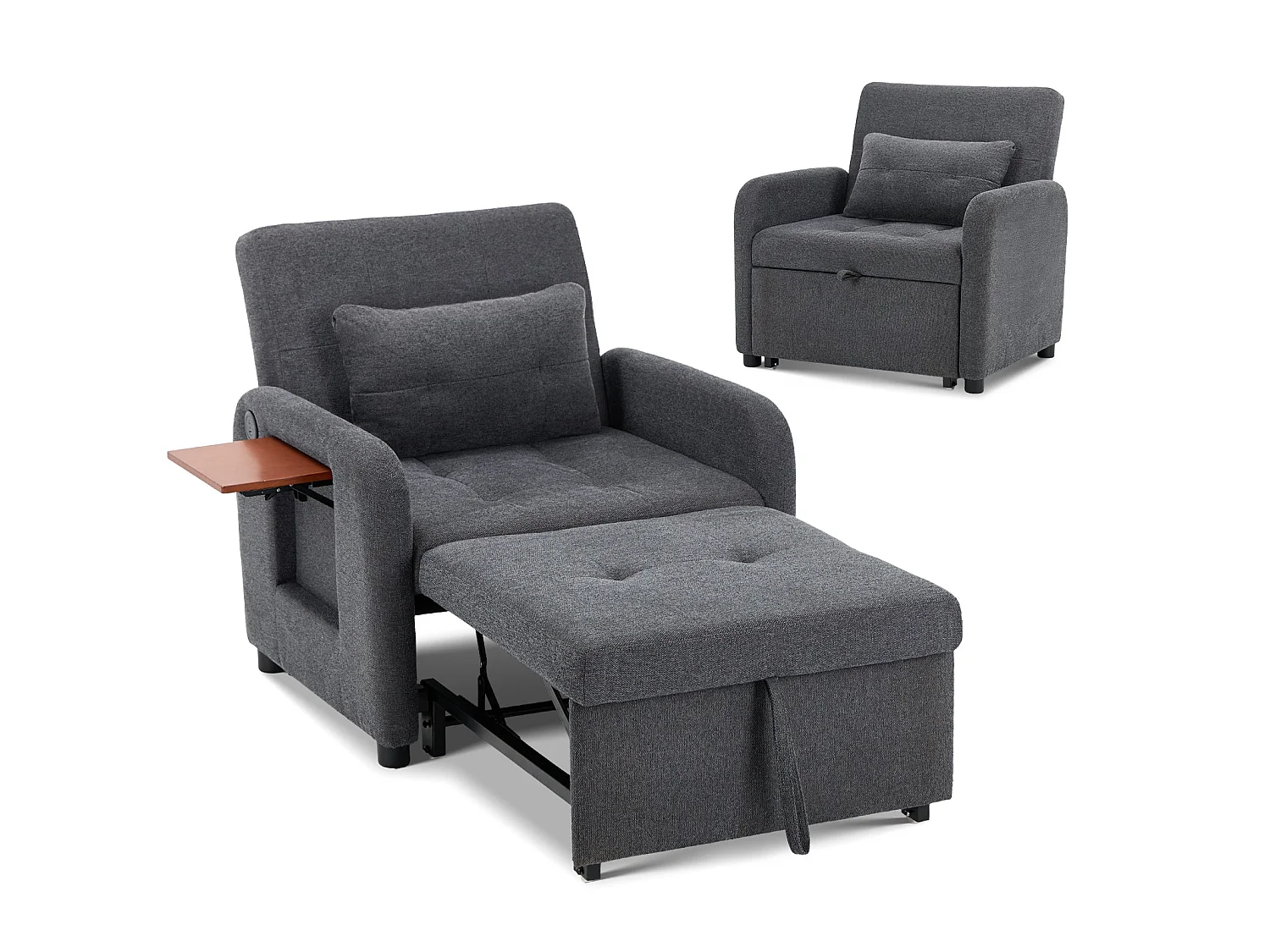 Ciemnoszara rozkładana sofa – wielofunkcyjna tkanina, rozkładane siedzisko/pozycja wypoczynkowa, port USB, składany stolik, poduszka, regulowane oparcie 4957956