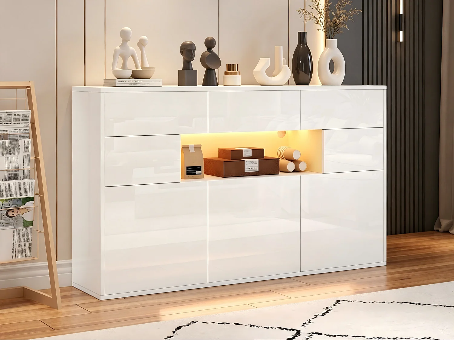 Błyszczący bufet 140x30x94 cm - 3 szuflady i 5 drzwi - z oświetleniem LED - z 5 metalowymi nogami - MDF - Biały 4711234 - obrazek 1