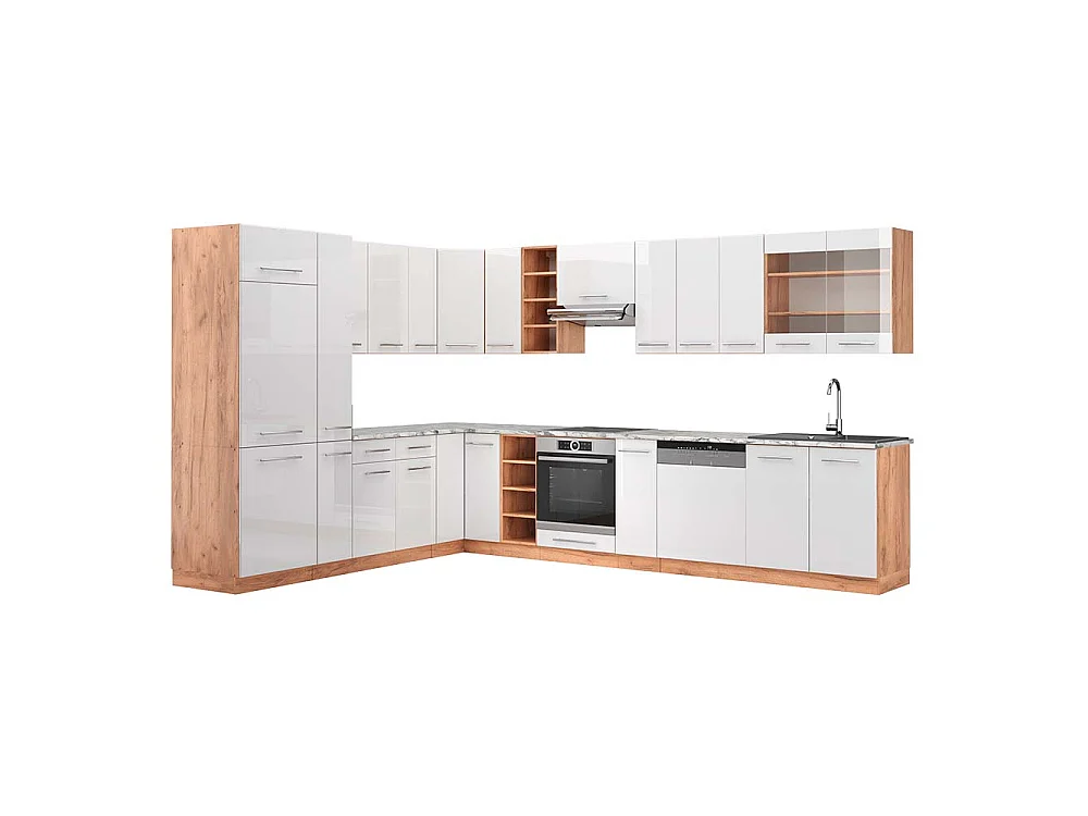 Kogoszczona kuchnia biały wysoki połysk/dąb goldkraft 347x60x81.6 fame-line 4780777 - obrazek 1