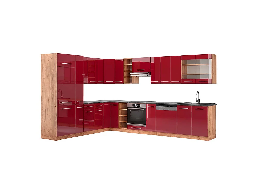 Kogoszczona kuchnia bordowy wysoki połysk/dąb goldkraft 347x60x81.6 fame-line 4780574 - obrazek 1