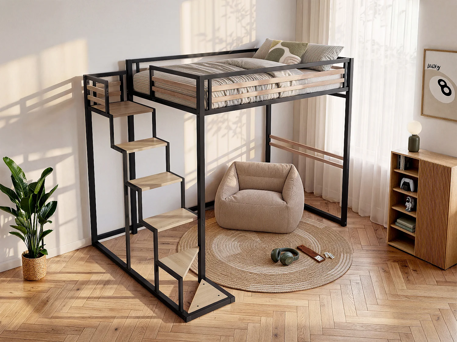 Łóżko antresola 140 × 200 cm – metal i MDF – kolor czarny i naturalny – z materacem w zestawie – JOGUI 488241 - obrazek 1