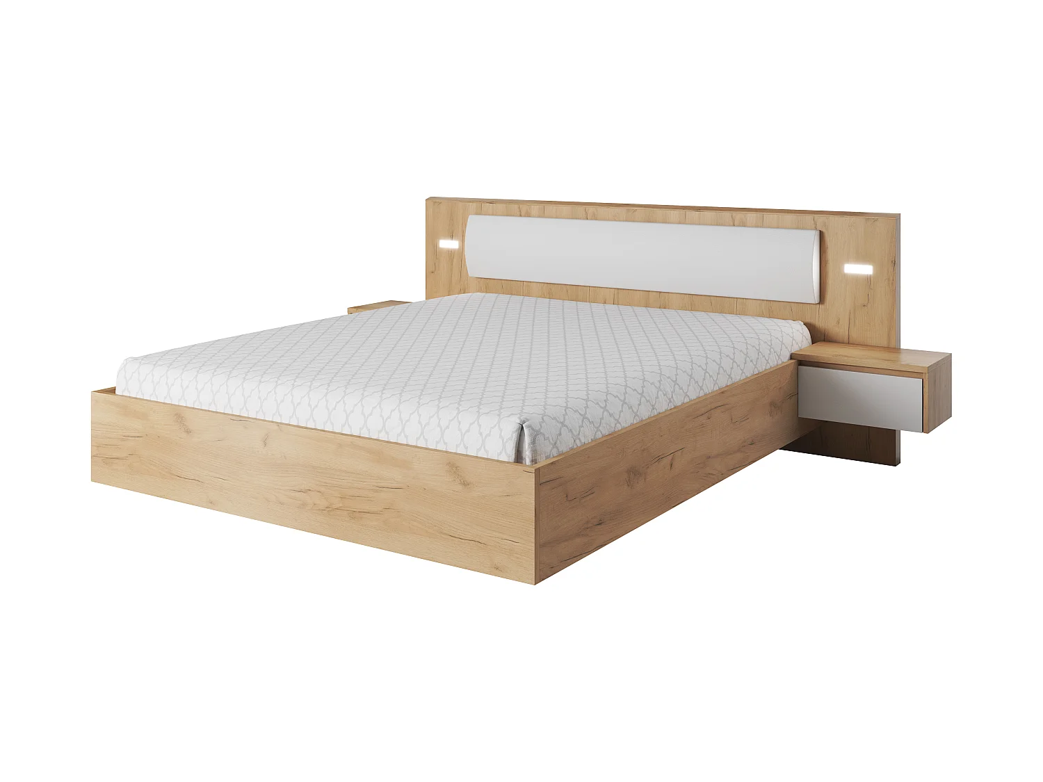 Łóżko 160x200 z 2 stolikami nocnymi, Biała + Dąb Craft Złoty, 256 x 92,3 x 208,2 cm 5018461 - obrazek 1
