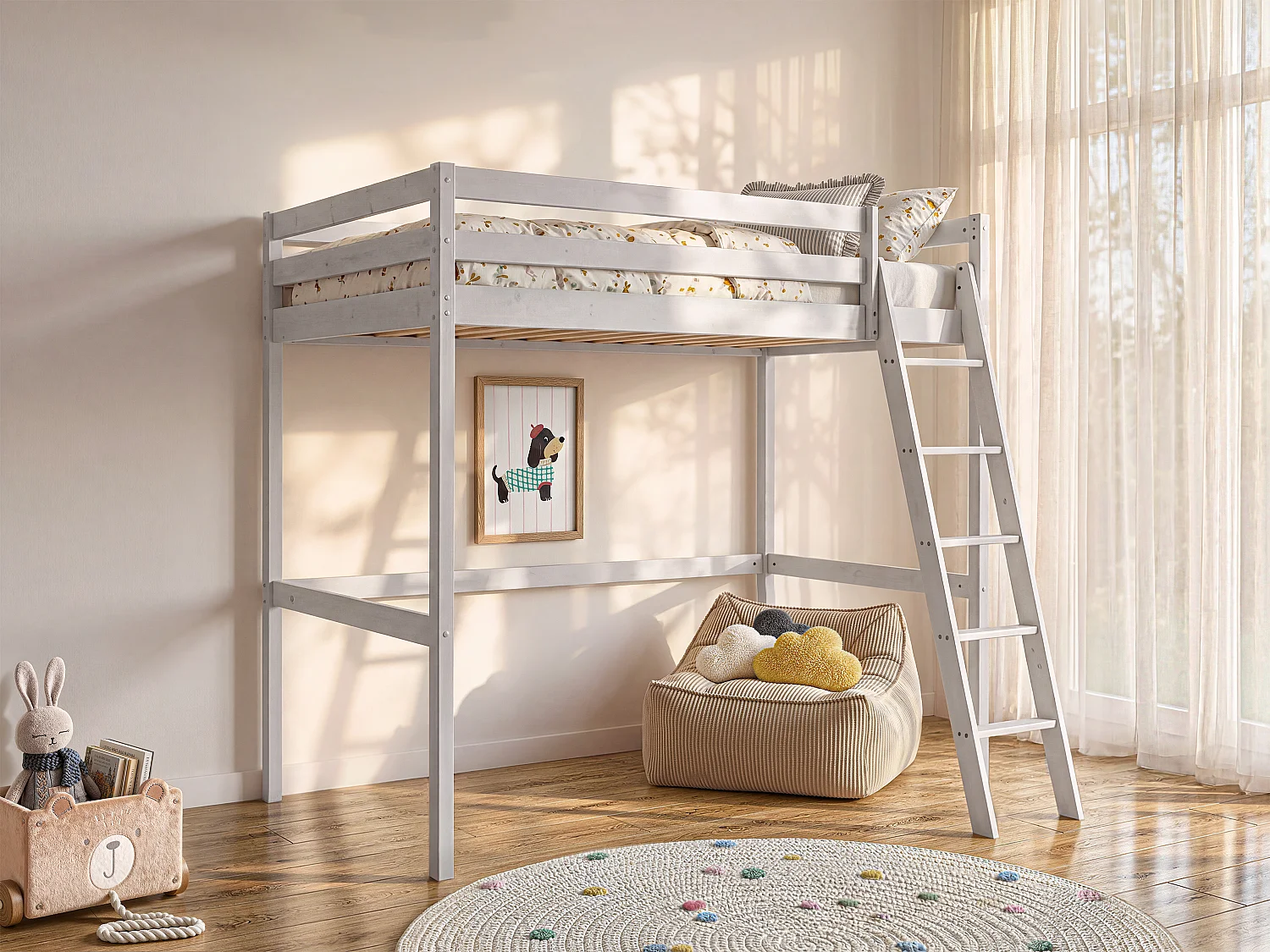 Łóżko antresola GEDEON - 140 × 190 cm - Lite drewno sosnowe - Bielone + materac 95455 - obrazek 1