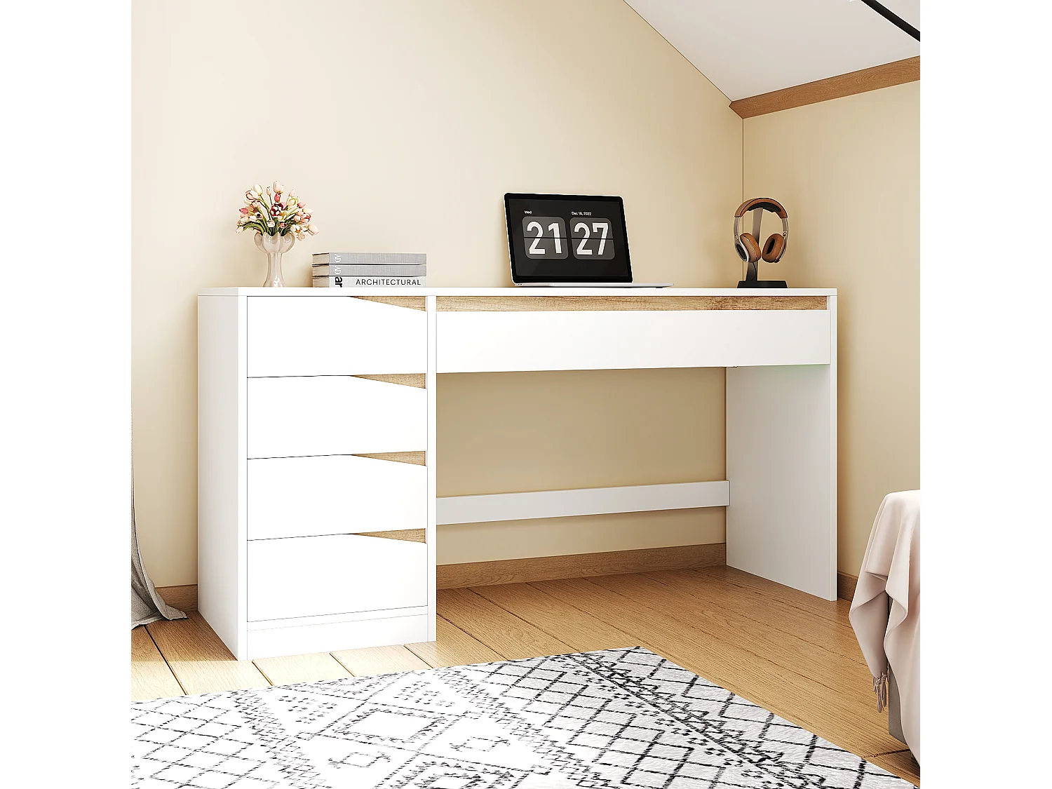 Biurko z 5 szufladami 140 × 50 × 78 cm - duży blat - toaletka z miejscem do przechowywania - płyta wiórowa - biały i naturalny 5033762 - obrazek 1