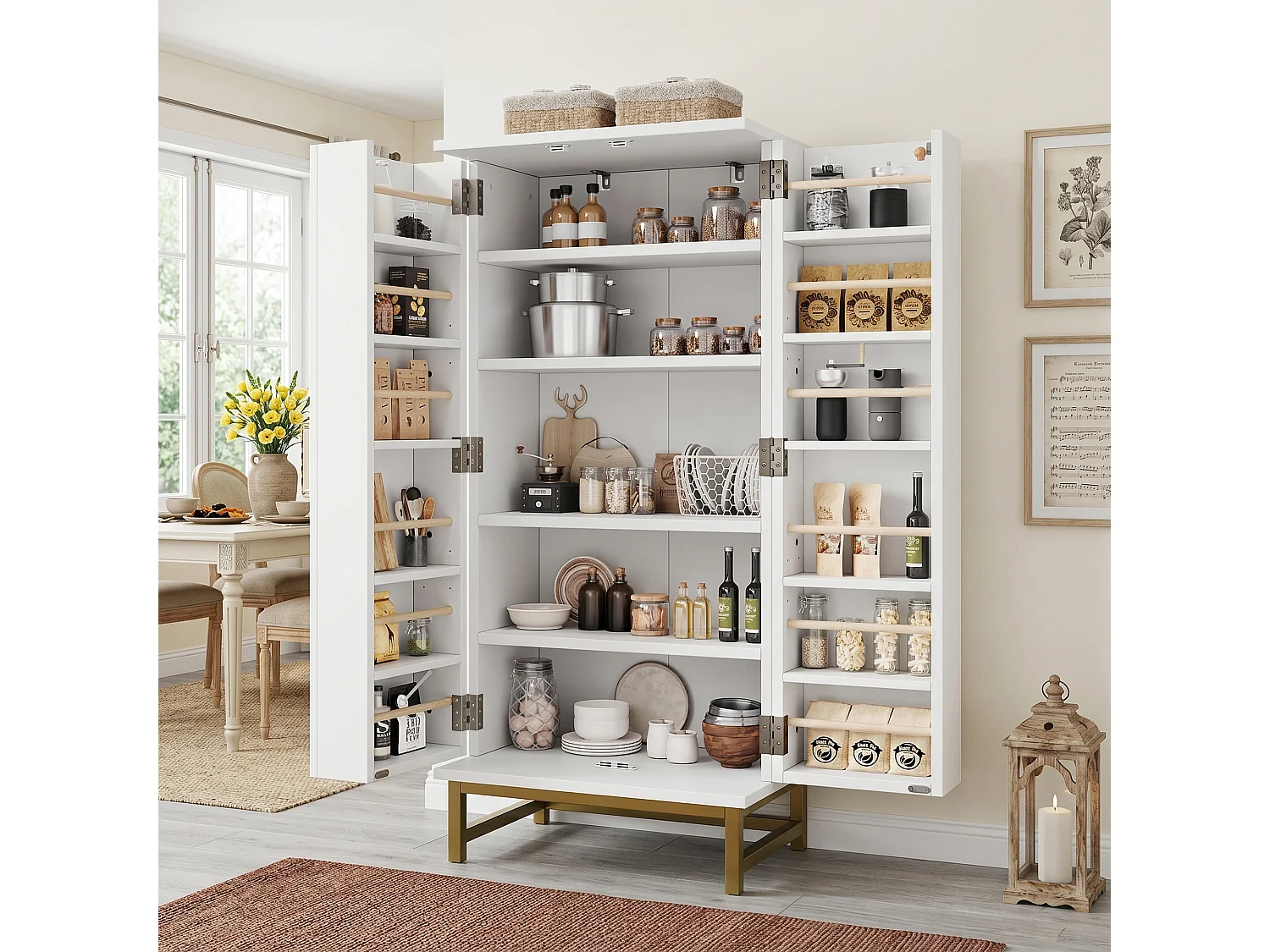 Bufet kuchenny 60x40x130 cm – 2 drzwi – Idealny do jadalni lub salonu – Regulowane półki – Biały i złoty 5033781