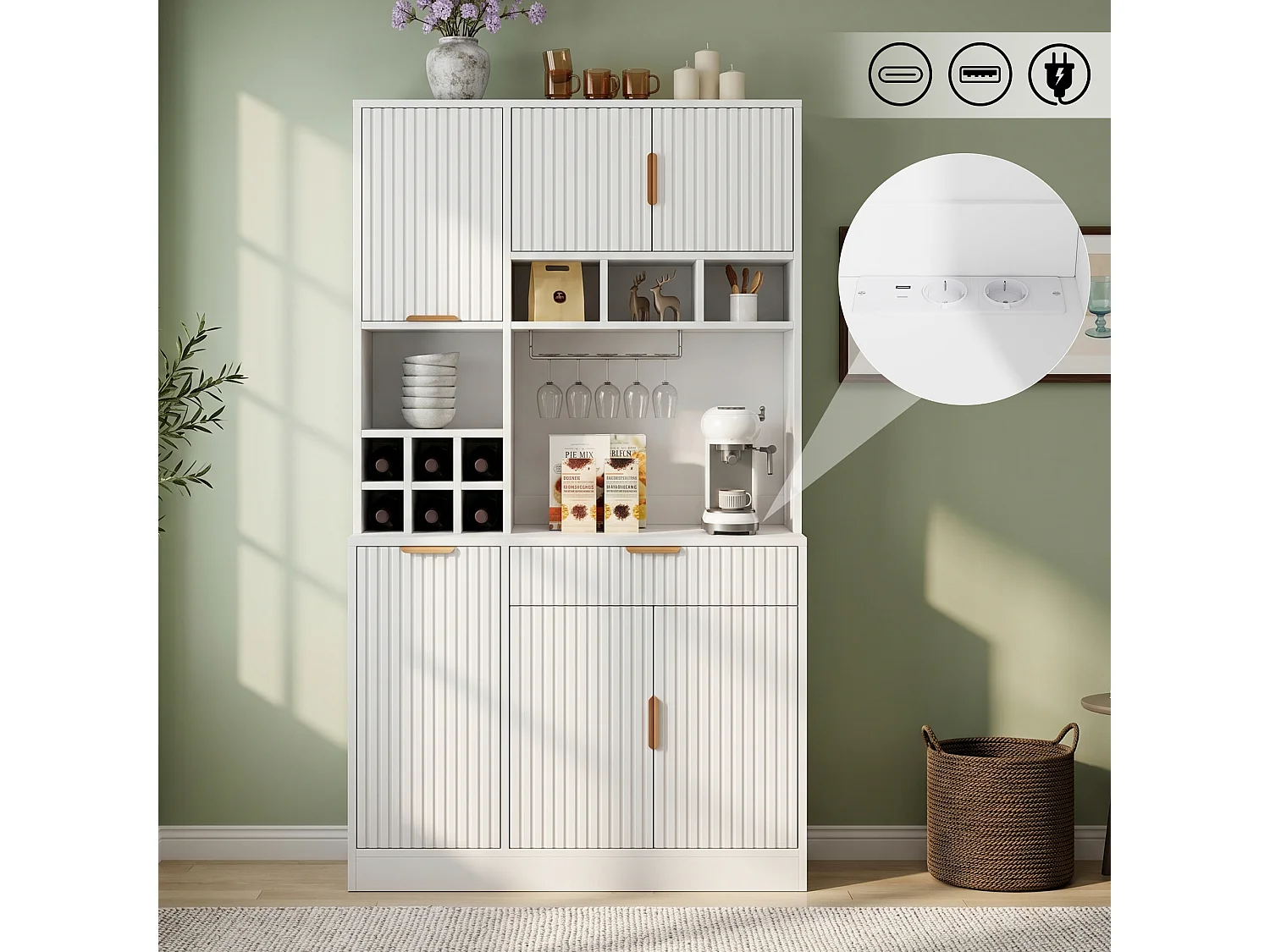 Bufet kuchenny 100x40x175 cm – 6 drzwi i 1 szuflada – z uchwytem na kieliszki do wina – gniazdko elektryczne i port USB – Biały 5033782