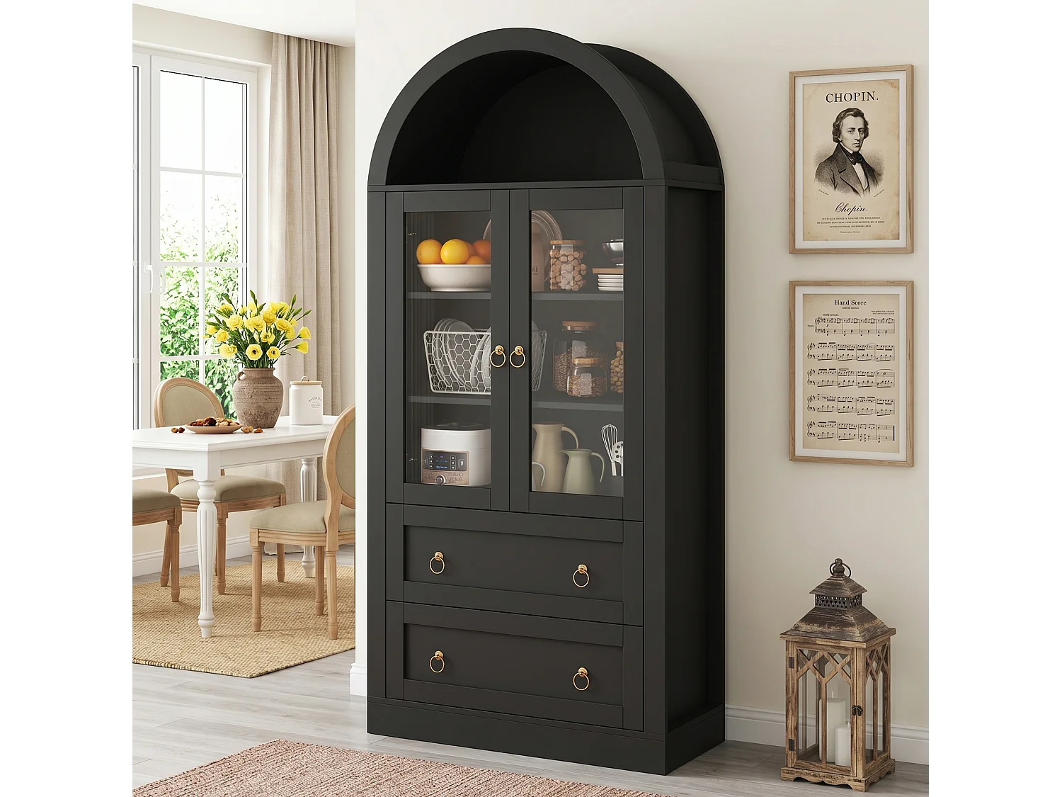 Bufet kuchenny 80x36x170 cm – z 2 szufladami i 2 drzwiami szklanymi – idealny do kuchni i salonu – Czarny 5033814
