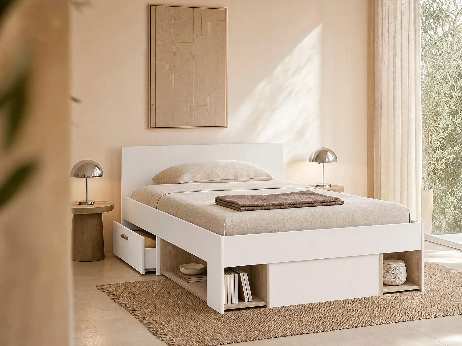 Łóżko 120 x 190/200 cm ze skrzynią i – Biały i naturalny + Stelaż + Materac – KINSELIA 2328795