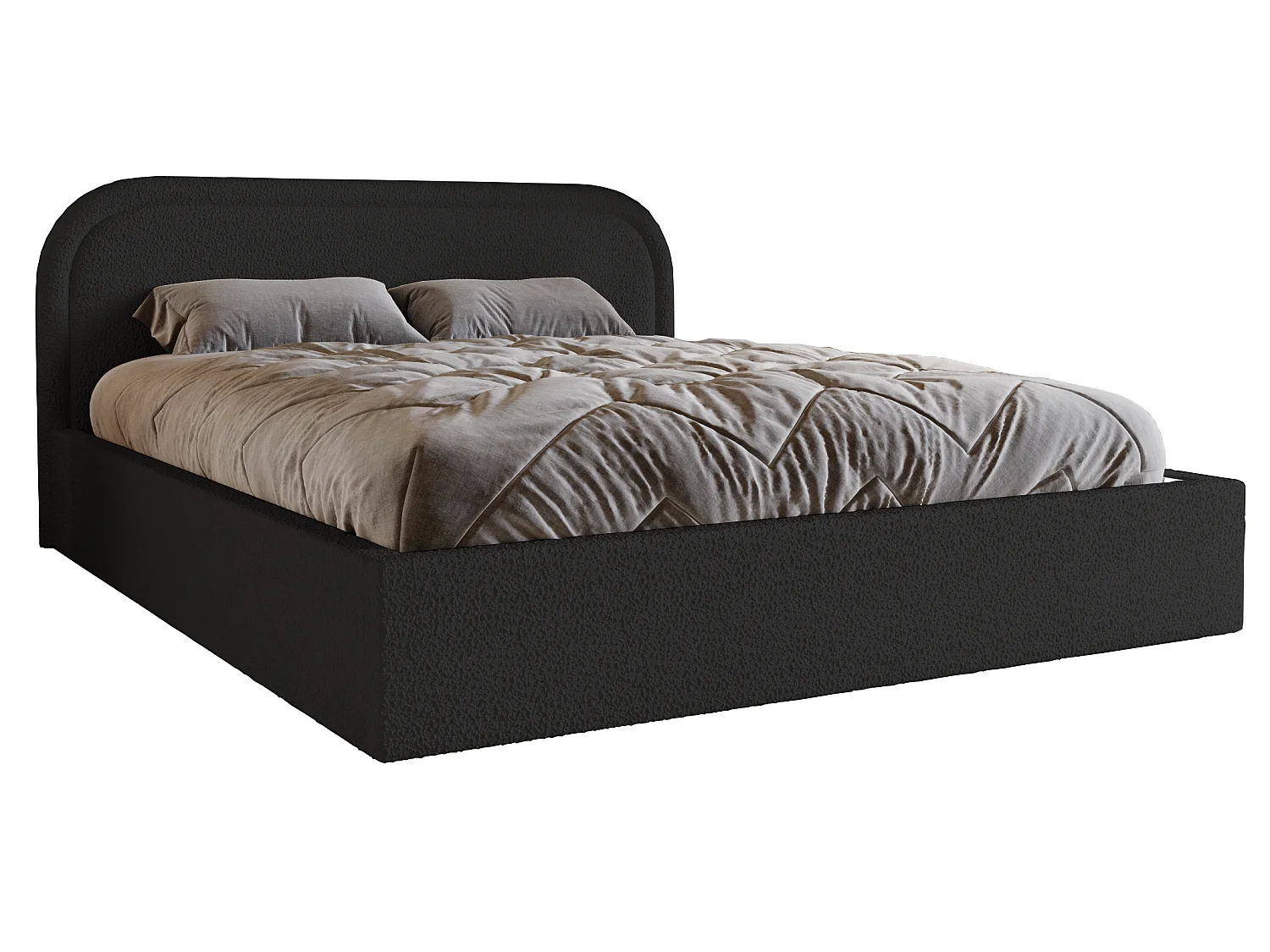 Łóżko bouclé 140x200 Dune, dwuosobowe z okrągłym zagłowiem, pojemnik, stelaż drewniany - czarny 5041739 - obrazek 1