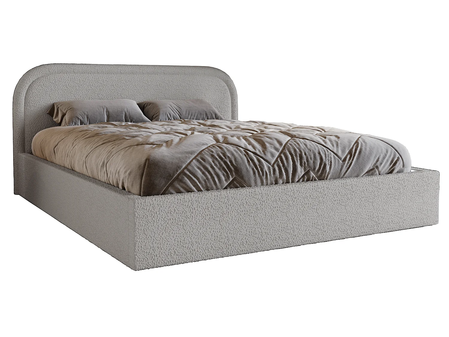 Łóżko bouclé 180×200 Dune, dwuosobowe z okrągłym zagłowiem, pojemnik, stelaż drewniany – jasnoszary 5041756