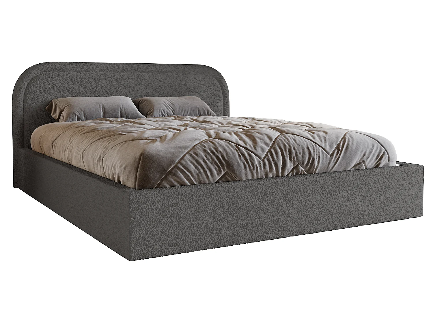 Łóżko bouclé 160×200 Dune, dwuosobowe z okrągłym zagłowiem, pojemnik, stelaż drewniany – ciemnoszary 5041772