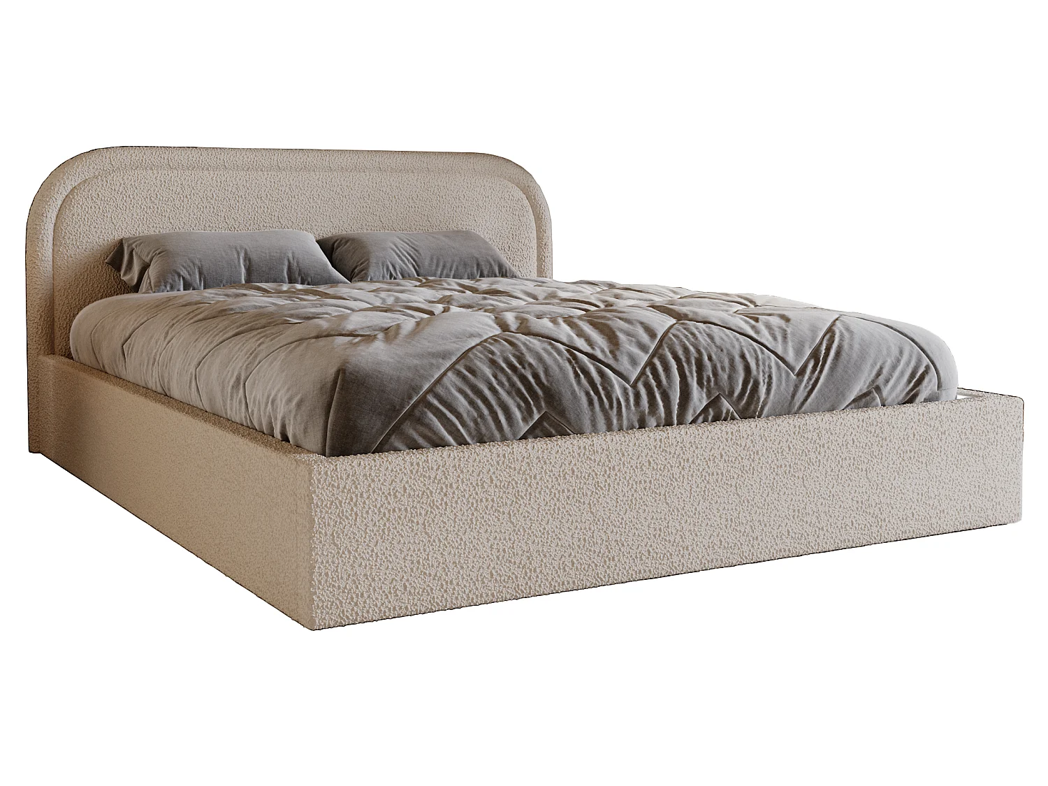 Łóżko bouclé 200×200 Dune, dwuosobowe z okrągłym zagłowiem, pojemnik, stelaż drewniany – beżowy 5041778