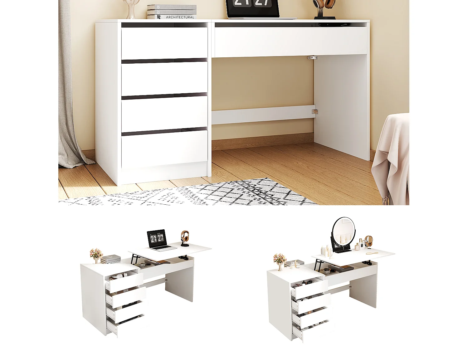 Biurko / Toaletka z 4 szufladami - 120 × 50 × 78–92 cm - regulowany blat - ukryte miejsce do przechowywania - biały 5033691 - obrazek 1