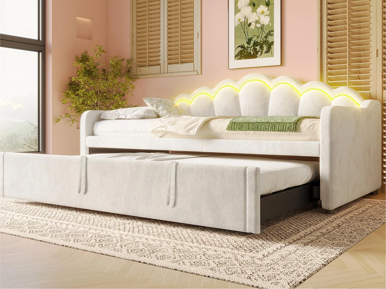 Kanapa z funkcją spania 90x200/180x200 cm - z wysuwanym łóżkiem - z taśmą LED - welur - beżowy (materac nie wchodzi w skład) 4031874 - obrazek 1
