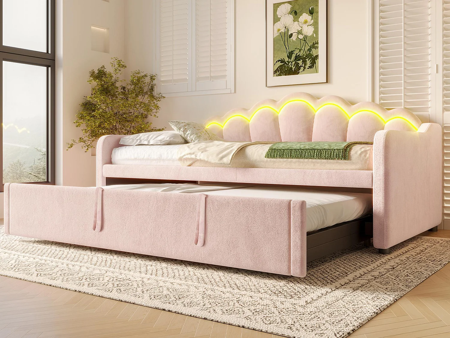 Kanapa z funkcją spania 90x200/180x200 cm - z wysuwanym łóżkiem - z taśmą LED - welur - różowy (materac nie jest w zestawie) 4031877 - obrazek 1