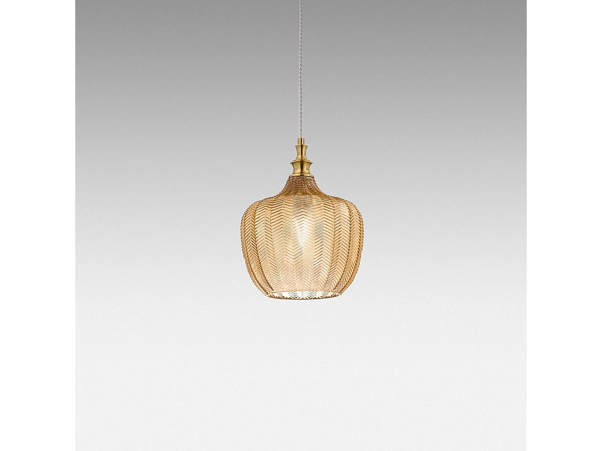 Cleofe – Lampa wisząca z przezroczystego bursztynowego szkła i mosiądzu – gniazdo 1XE27, styl vintage, IP20, 1XE27 maks. 1X60W, śr. 24 cm, żarówki nie są dołączone 4105012