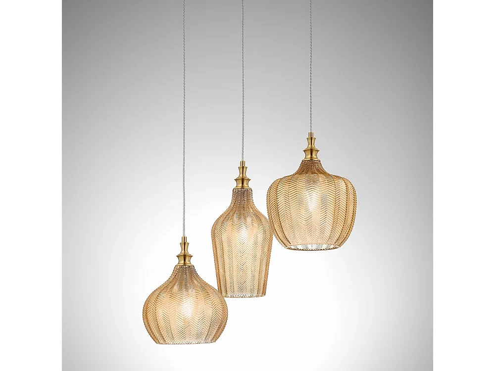 Cleofe – lampa wisząca z 3 źródłami światła, z przezroczystego bursztynowego szkła i mosiądzu – 3XE27 maks. 3X60W, dekoracyjny styl vintage, IP20 4105018