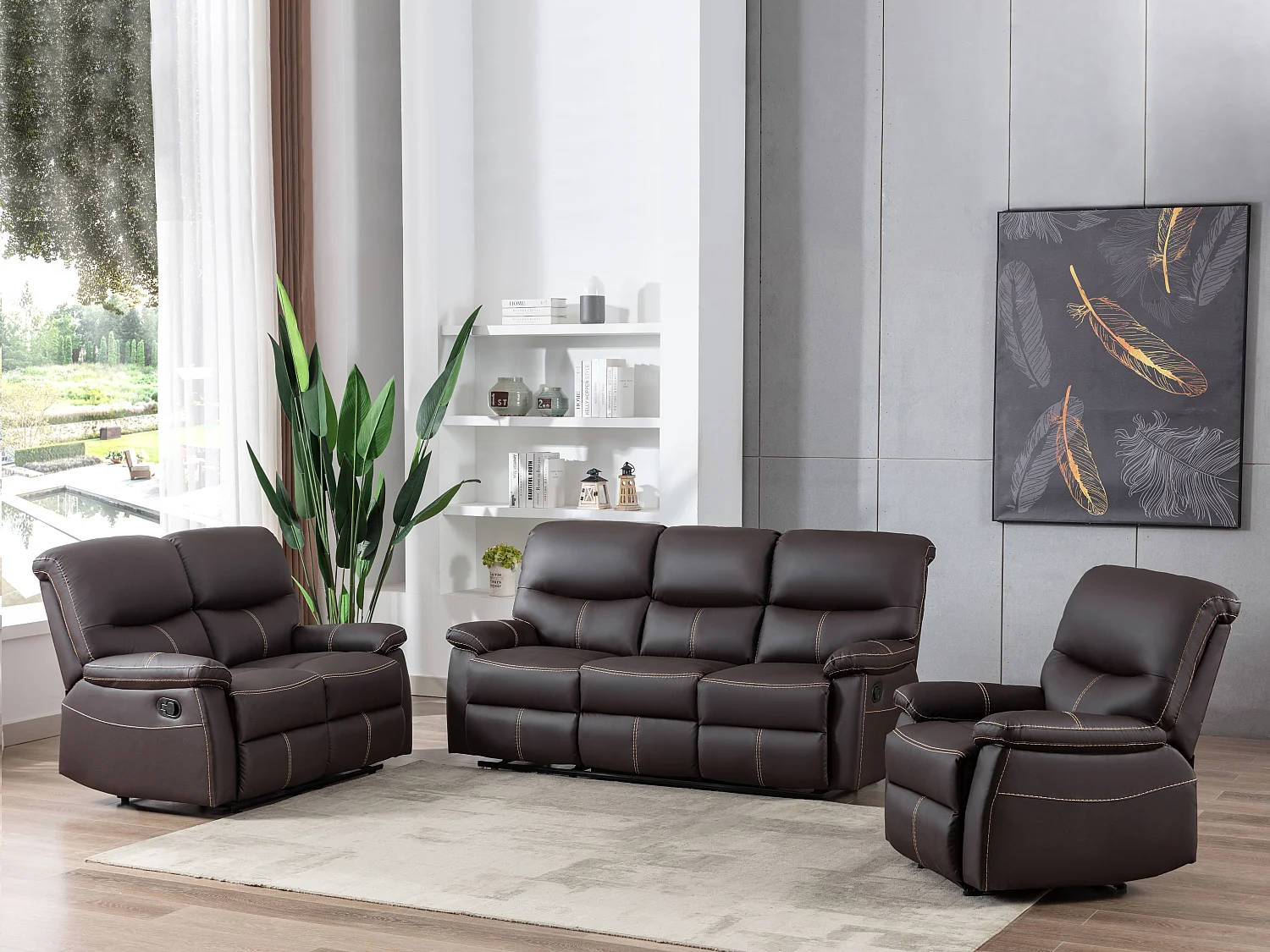 Kanapa 3+2-osobowa oraz fotel z funkcją relax z ekoskóry w kolorze brązowym CANBY 537751 - obrazek 1